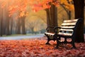 A park bench surrounded by vibrant fall foliage. Generative AI