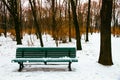 Park bench and surrounding trees covered by snow during Winter season