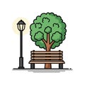 Park bench and tree with lamp post, isolated on white background Royalty Free Stock Photo
