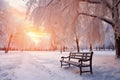 Park bench and trees covered by heavy snow. Lots of snow. Sunset Royalty Free Stock Photo