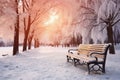 Park bench and trees covered by heavy snow. Lots of snow. Sunset Royalty Free Stock Photo