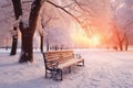 Park bench and trees covered by heavy snow. Lots of snow. Sunset Royalty Free Stock Photo