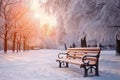 Park bench and trees covered by heavy snow. Lots of snow. Sunset Royalty Free Stock Photo