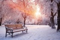 Park bench and trees covered by heavy snow. Lots of snow. Sunset Royalty Free Stock Photo