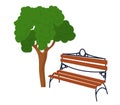 Park bench under a green tree, simple cartoon style. Outdoor wooden bench for rest, garden or park landscape vector