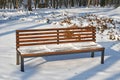 Park bench in the woods winter time Royalty Free Stock Photo