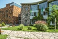 Park with benches around the academic buildings of the International College, in Dilijan surrounded by a reserved forest