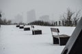 Park benches in a row outside in winter Royalty Free Stock Photo