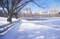 Park benches with snow in Central Park, Manhattan, New York City, NY after winter snowstorm Royalty Free Stock Photo