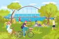 Park with cartoon river, man woman summer outdoor rest vector illustration. People activity leisure at nature, family