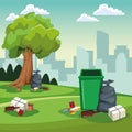 Park cleaning can and bags scenery