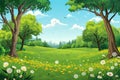 Park with dandelions, green grass, trees and flowers. Spring nature scene Royalty Free Stock Photo