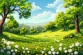 Park with dandelions, green grass, trees and flowers. Spring nature scene Royalty Free Stock Photo