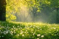 Park with dandelions, green grass, trees and flowers. Spring nature scene Royalty Free Stock Photo