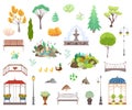 Park decor elements vector illustration set, cartoon flat city park garden landscape items collection icons isolated on Royalty Free Stock Photo