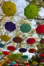 Park decorated with umbrellas