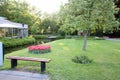 Park with different beautiful plants and water canal. Spring season