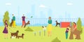 Park for dog pet, vector illustration. Man woman character and cartoon happy animal, happy young people outdoor