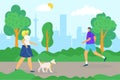 Park for dog, vector illustration. Flat woman person character walk with animal, adult man people run at city nature