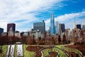 Park in downtown Chicago and city skyline Royalty Free Stock Photo