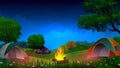 Night Camping on top of the mountains with different tent, lights campfire, trees Royalty Free Stock Photo