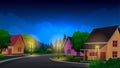 Residential house at night with street lamps, green lawn, bush and trees vector illustration