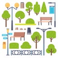 Park elements. Urban outdoor decor, lamppost and benches, bush and signboards, containers. Landscape panorama, public