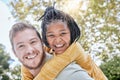 Park, family and interracial father and girl having fun, playing and enjoying nature together. Multicultural, love and Royalty Free Stock Photo