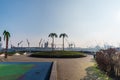 Park Fiction area in Hamburg Sankt Pauli with harbor in background under blue sky