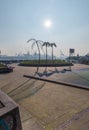 Park Fiction area in Hamburg Sankt Pauli with harbor in background under blue sky