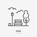 Park flat line icon. Vector thin sign of bench, tree, sky and street light, urban public place logo. City infrastructure