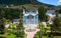 Park Flower Garden in Pyatigorsk, Russia. Scenic view of Lermontov Gallery, historical landmark installed in 1901