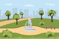 Park with fountain in cartoon style. Landscape with trees, bushes and grass. Parkland with lion statue on road