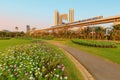 A park full of flowers With electric trains
