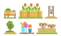 Park and Garden Elements Set, Flowerbeds with Blooming Flowers and Plants, Wooden Bench Vector Illustration Royalty Free Stock Photo