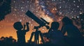 In a park a group of parents and children huddle around a telescope gazing up at the stars. The parents use a star chart