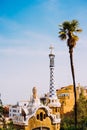 Park Guel, Barcelona, Spain. Famous example of unique mosaic architecture Building. Tourist most visiting location