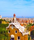 Park Guell by architect Antoni Gaudi in Barcelona, Spain. Panorama of city of Barcelona Royalty Free Stock Photo