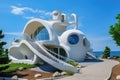 Park Guell in Barcelona, Spain, A creatively designed house by the seaside, AI Generated