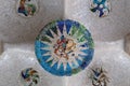 PARK GUELL, BARCELONA, CATALONIA: detail of the Hypostyle Hall iconic \'trencadiÂ­s\' mosaic ceiling