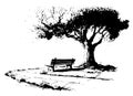 Park hand drawn sketch. Wooden bench under the tree