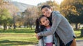 Park, hug and portrait of brother and sister enjoying summer day for bonding, quality time and playing. Family, children Royalty Free Stock Photo