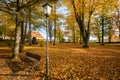 Park lamp and a Park bench. Royalty Free Stock Photo