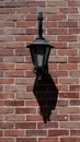 Park lamps with hard shadow on red brick wall