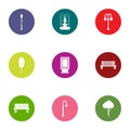 Park lighting icons set, flat style