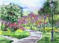 Park lilac garden, watercolor illustration.