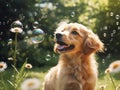 In the park little dog tries to catch soap bubbles Royalty Free Stock Photo