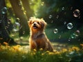 In the park little dog tries to catch soap bubbles Royalty Free Stock Photo