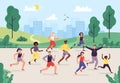 Park marathon. People running outdoor, joggers group and sport lifestyle. Jogging vector illustration Royalty Free Stock Photo