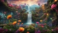 in the park mural of a cursed landscape, with poisonous flowers, spikes, webs, eyes, slime, waterfall Royalty Free Stock Photo